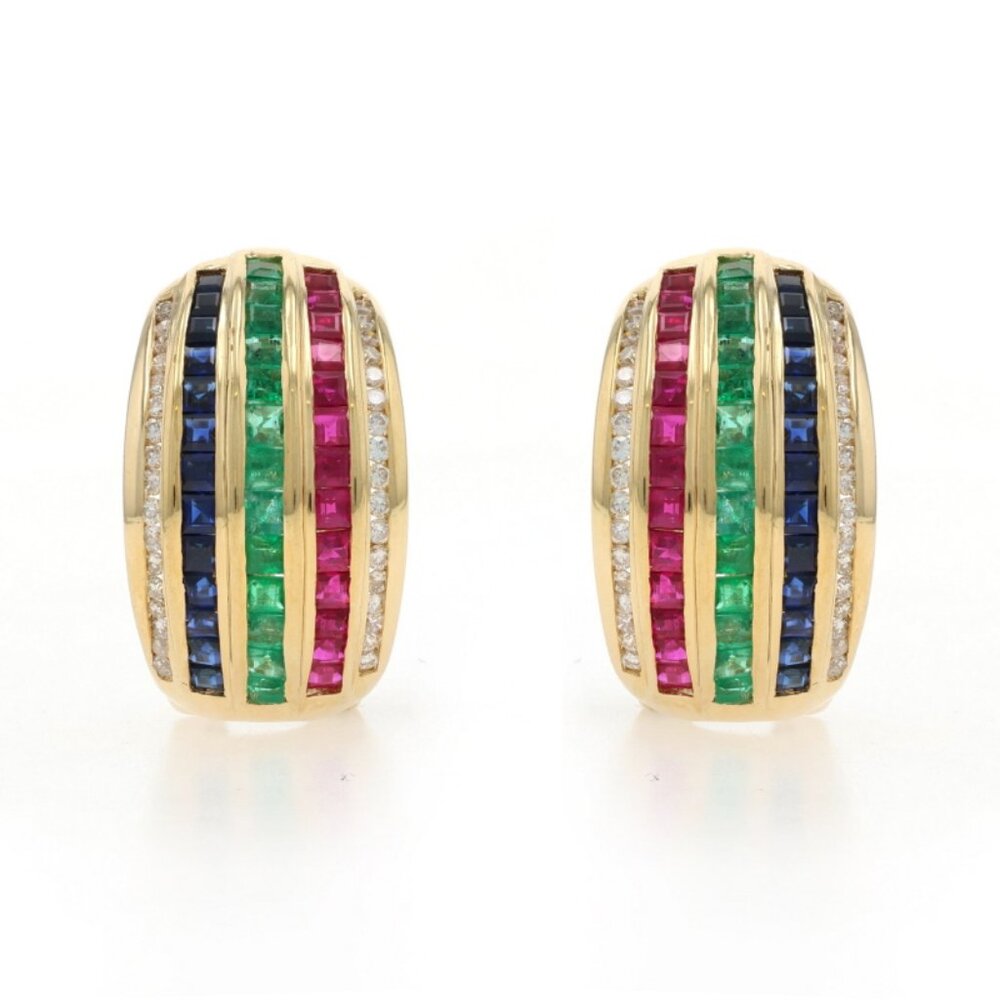 Le Vian Emerald Sapphire Ruby Stripe Earrings Gold 18k 3.30ctw Pierced/Clip-Ons